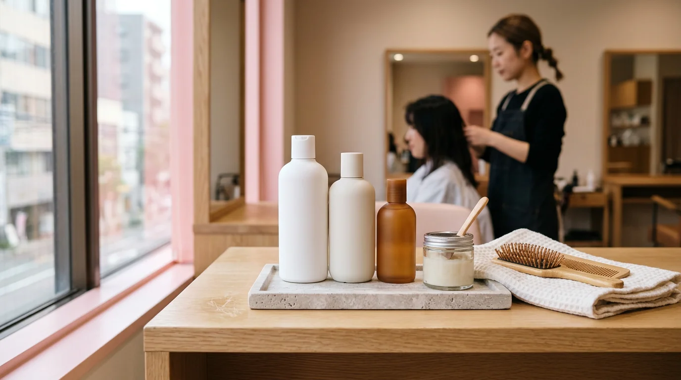 サロンの棚に並ぶヘアトリートメントとヘアケア用ボトル