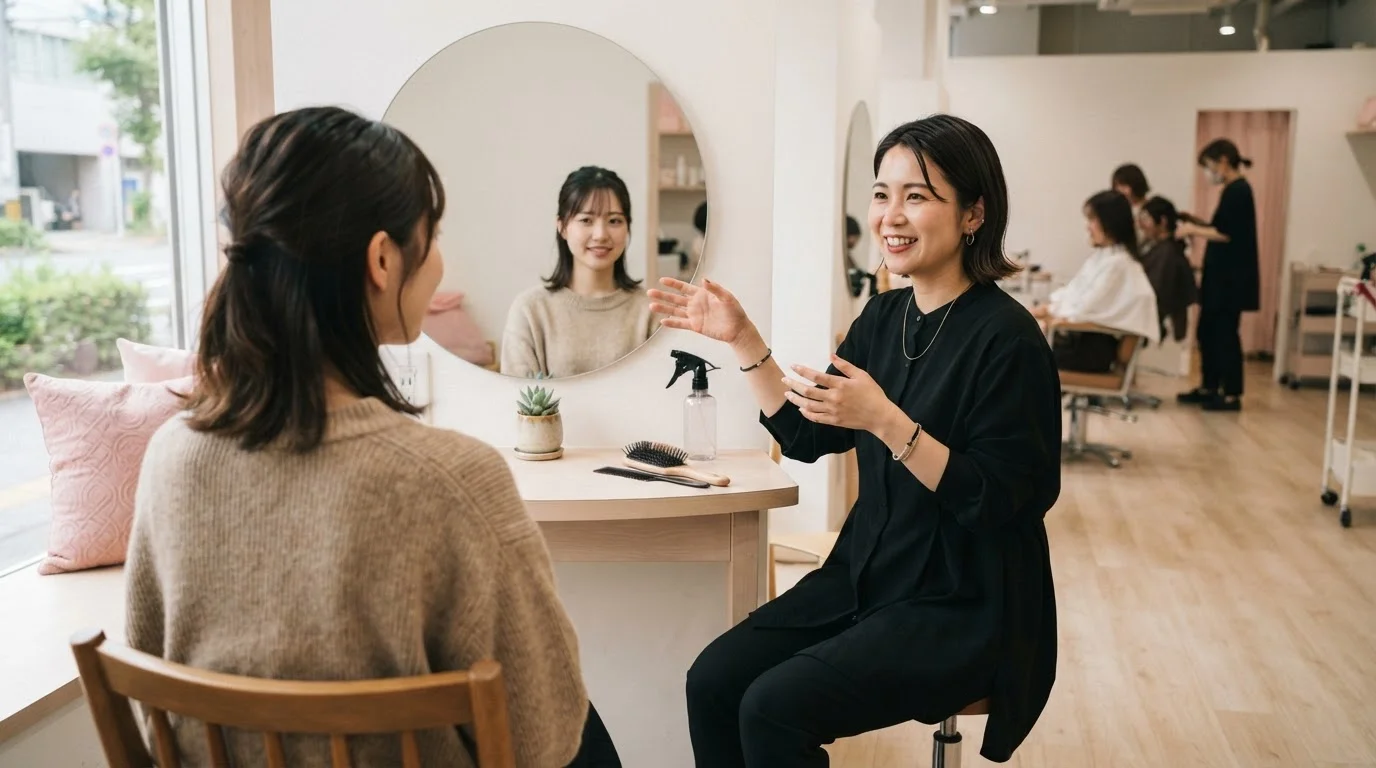 鏡の前で髪の状態を確認しながら相談するスタイリストとお客様
