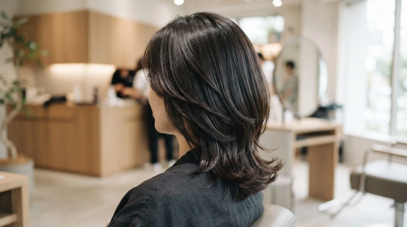 照明の下でなめらかに光るカラー後のロングヘアの毛先