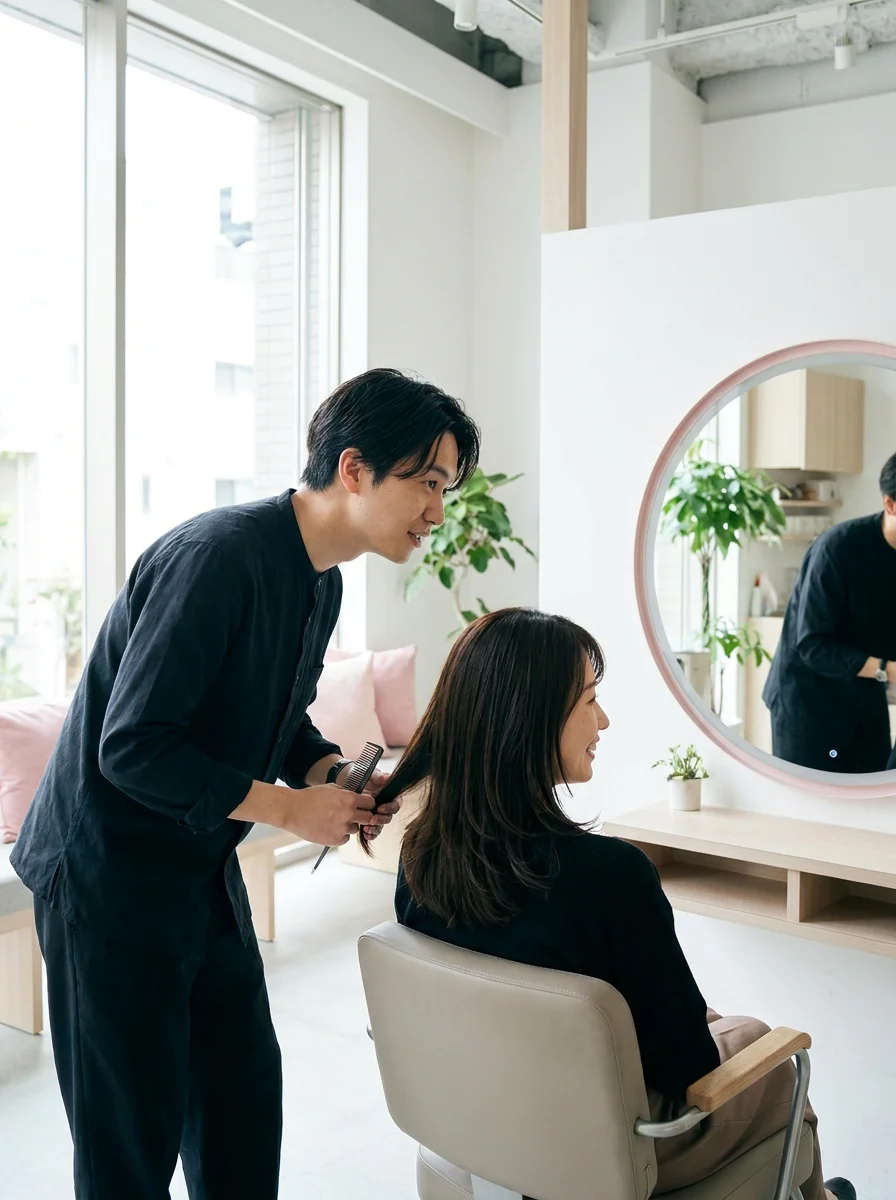 明るい美容室の施術席で髪の質感を確認するスタイリスト