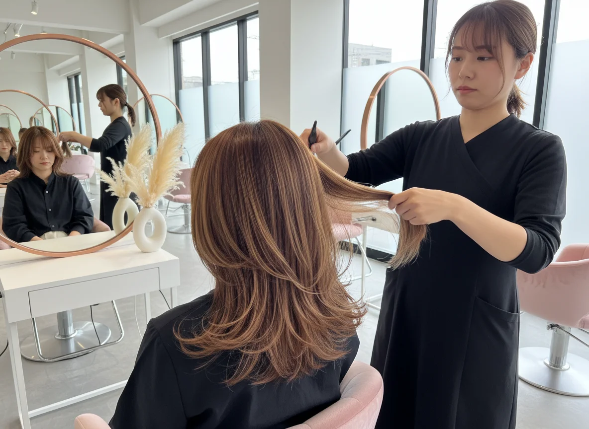カラー施術後の艶のあるミディアムヘアを後ろから見た仕上がり